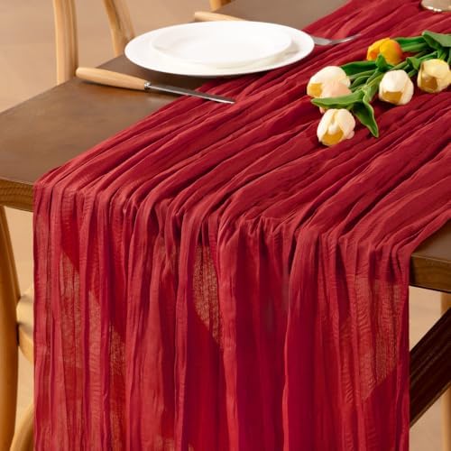 Red Cheesecloth Table Runner Boho Wrinkled Gauze Table Runners by Jimtx
