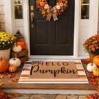 2pcs Fall Hello Pumpkin Doormats Layered Autumn Front Porch Welcome Mat and Striped Crystal Velvet Layering Rug Non Slip Outdoor Entryway Flooring Decor for Thanksgiving - Image 3