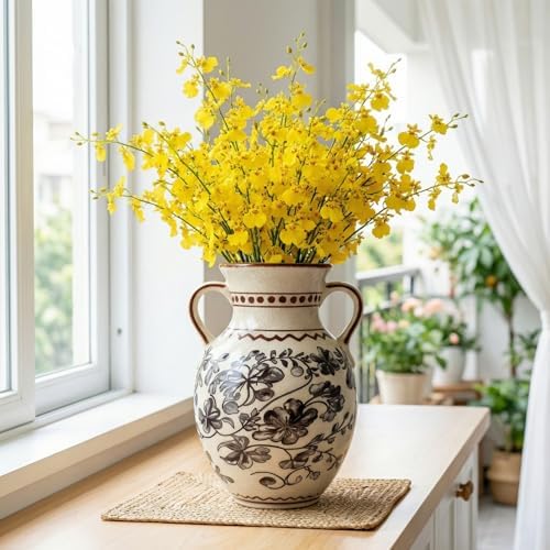 EFISPSS Ceramic Vintage Vase,Chinoiserie Rustic Farmhouse Floral Spring Decor for Home Decor Living Room Fireplace Office, Grey - Image 2