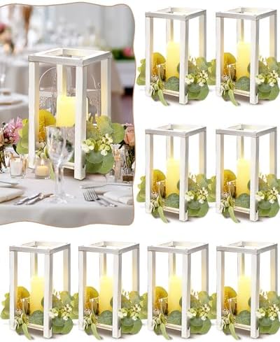 Huquary 16Pcs Wooden Wedding Lantern Centerpiece Rustic Wood Lantern, White by Huquary