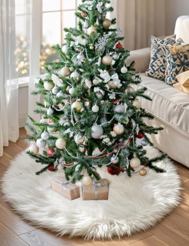 Multiwins 60 Inch Faux Fur Christmas Tree Skirt, Fluffy Plush Skirt for Christmas Tree, White Christmas Tree Rug Skirt Perfect for Christmas Party Decorations - Image 2