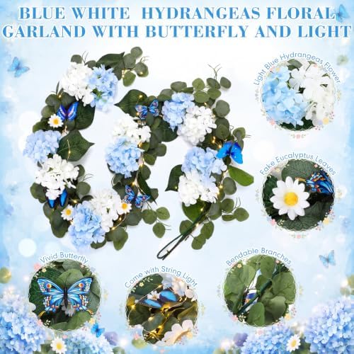 1 Pcs 6ft Artificial Hydrangea Floral Garland with Eucalyptus Leaves, Butterflies and Lights, Fake Flower Vines for Wedding Arch Wall Table Centerpiece Summer Party Decor(Blue and White) - Image 3