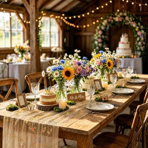 3Pcs Floral Cheesecloth Table Runner, Champagne Table Runner 10Ft - Image 2