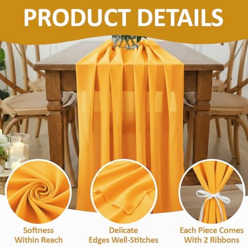 MDS Pack of 5 | Yellow Gold | 10ft Chiffon Table Runner 29x120 Inches Long Romantic Rustic Sheer Gauze Runner for Wedding Bridal Shower Birthday Banquets Engagement Spring Easter Boho Decorations - Image 5
