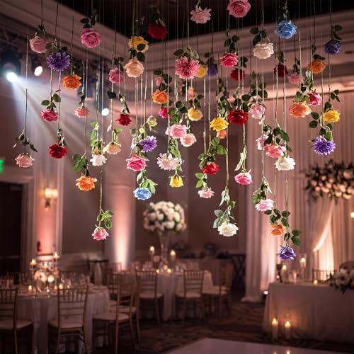 Lyrow 120 Pack Artificial Flower Hanging Flowers Ornament Floating Garland Ceiling Strings for Wedding Anniversary Engagement Marriage Proposal Floral Birthday Party Decor (Rose,Colorful) - Image 6