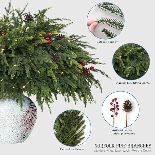 WHANLEY L&Q 12-Piece Set 23" Christmas Norfolk Pine Branches with Lights - Battery Operated Christmas Decorations - Warm Lights-Norfolk Pine Stems for Xmas DIY Crafts Garland Wreath - Christmas Decor - Image 4