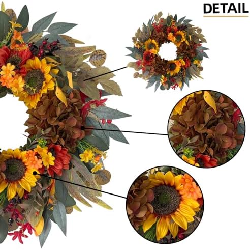 HipTree 24 Inch Fall Sunflower Hydrangea Wreath Autumn Front Door Wreath - Image 2