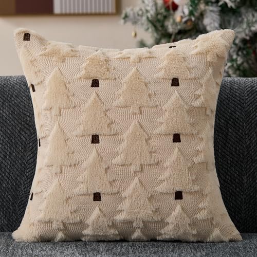 Allorry Christmas Pillow Covers 20x20 inch Set of 2 Christmas Decorations Soft Plush Faux Fur Wool Beige Christmas Tree Throw Pillow Cases Winter Holiday Decor for Sofa Living Room PT-012R20 - Image 4