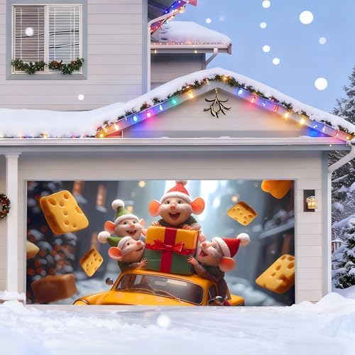 Christmas Garage Door Banner – Winter Scene with Cute Little Mouse, Cheese, Cars & Snow Decorations, Large Waterproof Reusable Outdoor Holiday Mural for Xmas Decorations,C,16 x 7ft/4.8 x 2.1m by TTCHANG