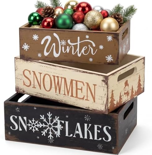 3 Pcs Christmas Wooden Crate Beige Snowman Snowflakes Holiday Box by Unknown