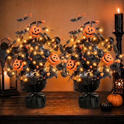 2Pack Lighted Halloween Table Tree, Halloween Pumpkin Decorations for Home - Image 2
