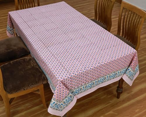 72x140 Inches Rectangle Hand Block Printed Cotton Tablecloth, Pink Blue Floral Table Cloths Washable, Indian Table Linen for Halloween Christmas Outdoor Thanksgiving Gifts Home Decor Dinning Outdoor - Image 3