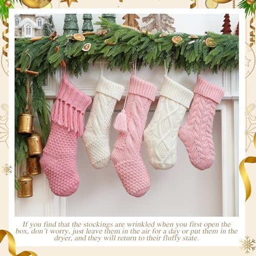steo spce 5 Pack Pink & White Farmhouse Christmas Stockings – Rustic Boho Vintage Cable Knit Set, Includes 3 Small 15” Pink and 2 Large 18” White Stockings for Fireplace Mantel Holiday Décor - Image 5
