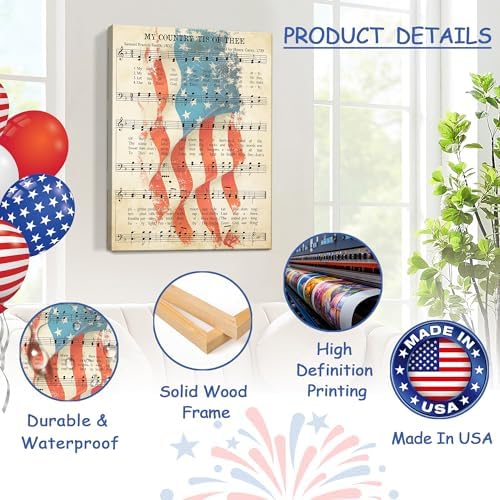 July 4th Patriotic Canvas Wall Art 4th of July USA Decorations My Country 'Tis of Thee American Flag Wall Art Print Independence Day Home Decor 20x24in - Image 4