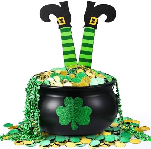 Seenelling 215 Pcs St. Patrick's Day Decoration Pot Set Black Cauldron with Handle Lucky Shamrock Coins Beaded Necklaces Shamrock Tinsel Garland Wood Witch Legs for St. Patrick's Day Party Decor by QianRuu