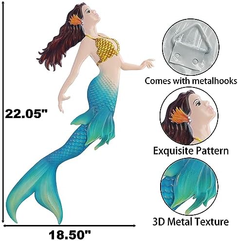 John's Studio Metal Mermaid Sea Wall Decor Outdoor Garden Hanging Art Sculptures Home Ocean Theme Decorations for Kitchen Bathroom and Pool - 14.9Inches - Image 3