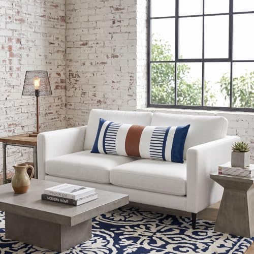 14x36 Lumbar Pillow Cover, Navy Blue Stripe and Brown Faux Leather Color Block Long Throw Pillow Case for Couch Bed Sofa, Farmhouse Modern Decorative Body Cushion Cover for Covered Porch - Image 6