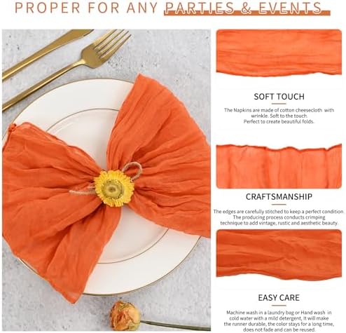 42 Packs Gauze Cheesecloth Napkins Orange 20 x 20 Inch Burnt Orange Wrinkled Dinner Napkins, Rustic Boho Soft Cloth Napkin for Wedding Party Event Dinner Table Decoration - Image 3