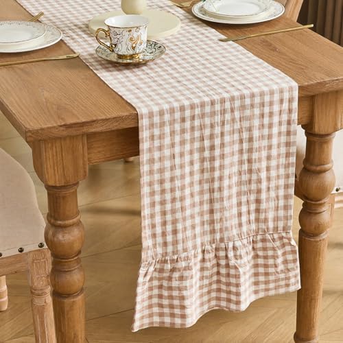 Taupe Gingham Plaid Ruffle Table Runner 108 Inches Long, 100% Washed Cotton Double Layer Farmhouse Dining Decor for Holiday, Home Party Wedding, 13 x 108 inches by Kisswish