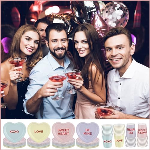 Maxcheck 196 Pcs Conversation Heart Party Supplies Valentine's Day Party Tableware Decorations Heart Disposable Paper Plates Napkins Cups for Valentine Anniversary Birthday Wedding, Serves 48(Pastel) - Image 5