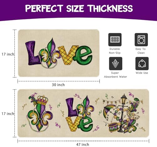 Mardi Gras Kitchen Mat Set 2 Piece,Fleur De Lis Love Decorative Kitchen Rugs Low-Profile Mats for Home Kitchen Decor 17"x48"+17"x30" - Image 3