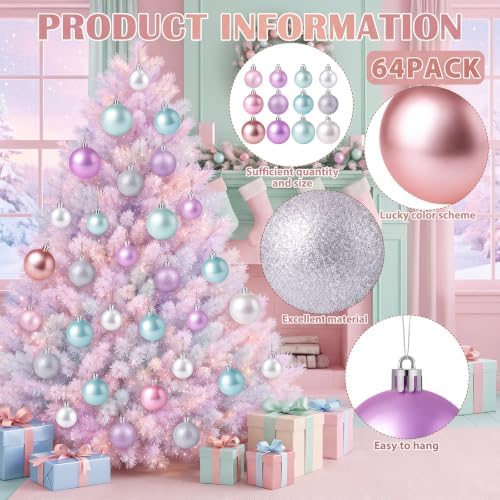 Lunmon 64 Pcs Pastel Christmas Ball Ornaments Candy Macaron Tree Decoration - Image 4