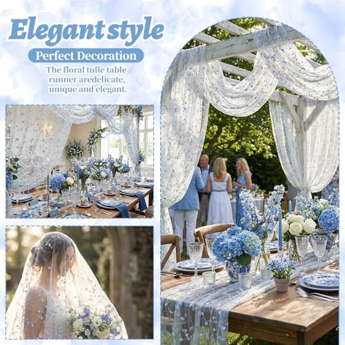 Lounsweer 3 Pcs Blue Flower Table Runner 10ft Embroidery Tulle Lace - Image 3