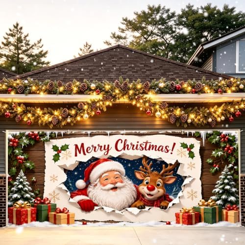 7x16FT Merry Chrismas Garage Door Banner Gingerbread Deer Snowman Santa Claus Winter Garage Door Cover Decoration for Chrismas Outdoor Decoration - Image 7