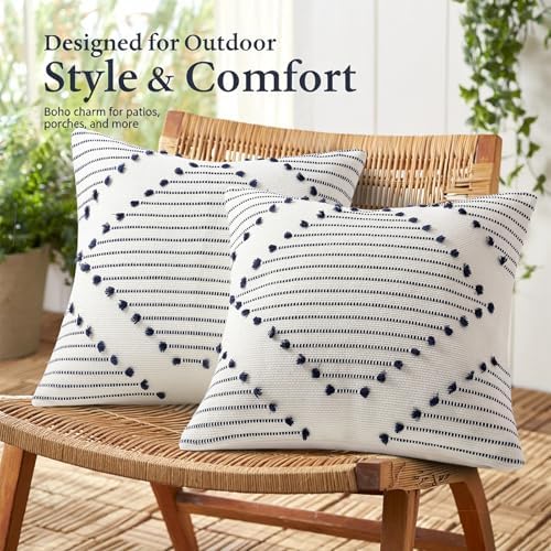 Mecatny Boho Outdoor Throw Pillow Covers 20x20 Set of 2 Navy & Cream White - Image 3