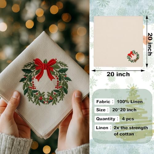 Newwiee Christmas Linen Napkin Set of 4 100% Linen Cloth 20 Inch Christmas Bow Wreath Embroidered Napkin Square Dinner Serviette Soft & Durable Holiday Table Decor Xmas Wedding Cocktail Party Supply - Image 2