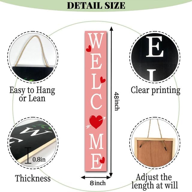 SRongmao Valentine's Day Welcome Porch Sign Love Wooden Hanging Sign Valentine's Day Front Door Sign Standing Vertical Welcome Signs for Home Front Door Yard Party Decor 8x48inch - Image 7