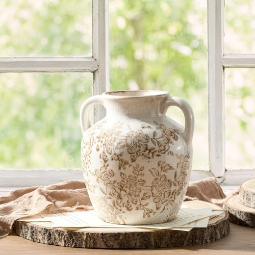 Ceramic Vintage Vase, Utensil Holder, Flower Decorative Vase with Handles, Chinoiserie Decor Rustic Farmhouse Retro Floral Vases for Table Bookshelf Mantel Kitchen Living Room Office - 6.7” Brown 018 - Image 4
