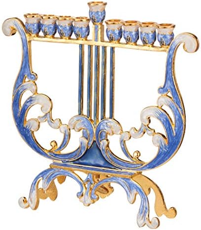 Matashi Hand Painted Blue & Ivory Harp Menorah Candelabra, Embellished - Image 4