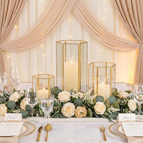 Gold Glass Hurricane Candle Holder Set of 3 Large Clear Hexagon Lanterns - Image 4