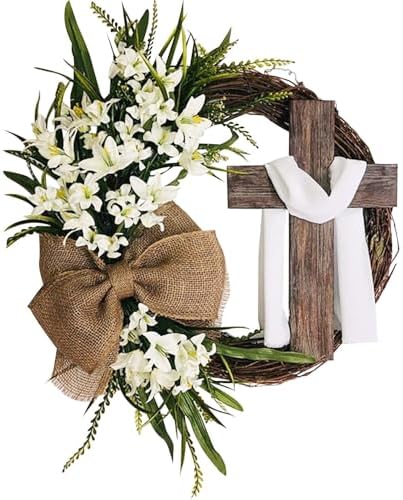 Easter Cross Wreath with Burlap Bow, Easter Door Wreath with Burlap Bow Swag Bowknot Rustic Farmhouse Spring Lily Wreath Easter Decorations for Hanging Door Decor (23IN Num.04) by Unknown