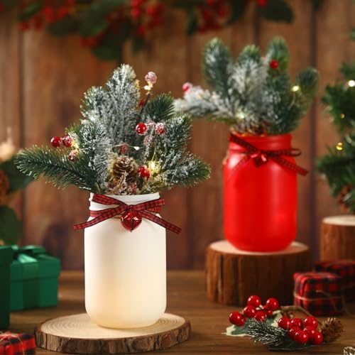 Lyrow 6 Pack Christmas Mason Jar Table Centerpiece Faux Berry and Pine Bell Kitchen Winter Spring Farmhouse Decoration for Home Kitchen Tiered Tray Decoration(Bell Style) - Image 4