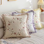 vctops Set of 2 Cotton Quilted Embroidered Decorative Square Throw Pillow Covers with Ruffles Floral Soft Cushion Case for Couch Sofa Bed (Flower B,18"x18") - Image 5