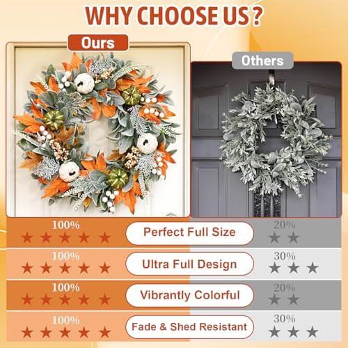 Yastouay 22" Fall Wreaths for Front Door, Fall Door Wreath with Lamb Ears Leaves Pumpkins Berries & Ferns Autumn Wreath for Home Porch Wall Outside Thanksgiving Decor - Image 2