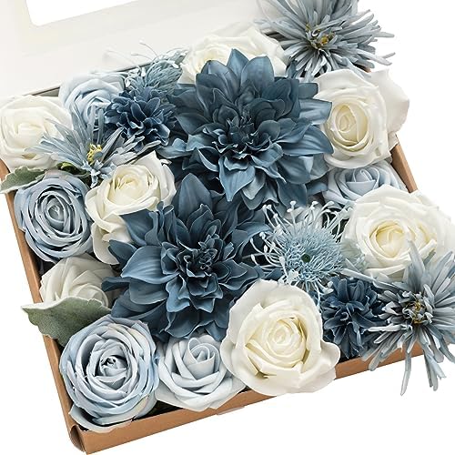 Ling's moment Artificial Wedding Flowers Combo, Dusty Blue & Navy, Grand by LingsMoment