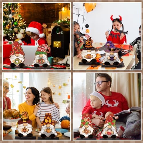 68 Pcs Seasonal Interchangeable Wooden Gnome Decor Farmhouse Holiday 2 Pcs Gnome Standing Centerpieces Decoration with 2 Wooden Bases 64 Detachable Hats Magnet Pieces for DIY Holiday Decorations - Image 4