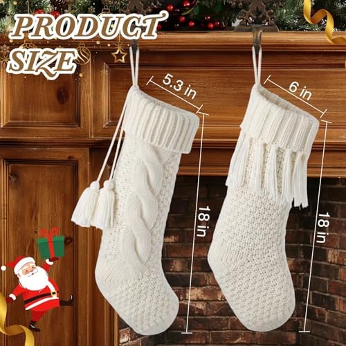 steo spce 5 Pack White Farmhouse Christmas Stockings – Rustic Boho Vintage Cable Knit Set, Includes 3 Small 15” and 2 Large 18” Knitted Stockings for Fireplace Mantel Hanging Holiday Décor - Image 2