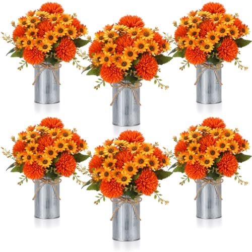 Zeyune 6 Sets Fall Thanksgiving Table Centerpiece Decoration Harvest Artificial Flower Daisy Mums with Metal Pot for Autumn Rustic Farmhouse Home Kitchen Dining Indoor Decoration by Zeyune