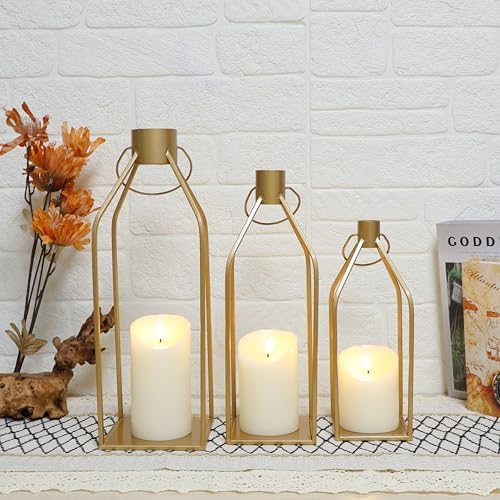 Gold Metal Candle Lanterns Set of 3, Tall Decorative Pillar Candle Holders for Indoor Outdoor Farmhouse Home Decor for Table Centerpiece, Porch, Fireplace, Weddings, Christmas (No Glass, No Candles) - Image 5