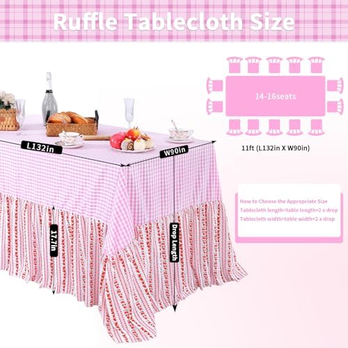 Fanqisi Easter Tablecloth Pink Ruffle Table Cloth - 90 x 132 Inch Gingham Checker Tablecloths Waterproof Table Cover for Picnic Birthday Wedding Spring Party Decoration - Image 2