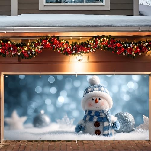 Christmas Garage Door Banner 7x16FT Snowman Winter Scene, Cute Holiday Garage Door Cover for Outdoor Xmas Decorations & Driveway Displays by ANNAQUEEN