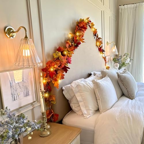 CQURE 8 Pack Fall Leaf Garland with Lights,Fall Decor Halloween Lights Artificial Maple Leaves Autumn Garland Hanging Vines Thanksgiving Decor for Home Christmas Autumn - Image 6