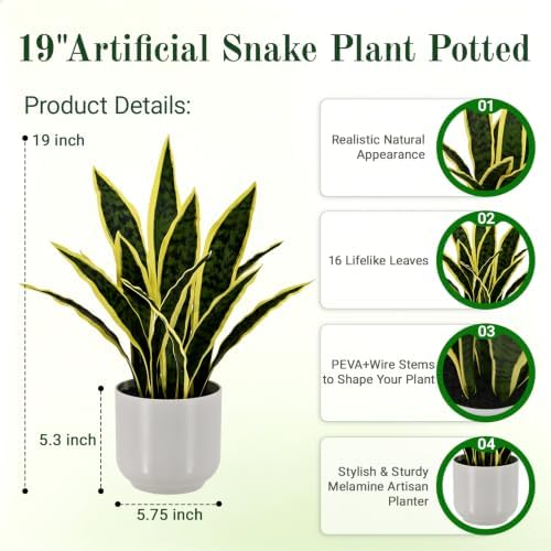 Fake Snake-19”tall Artificial Indoor Potted Plant for Home Decor-Yellow - Image 2
