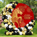 7.5x7.5ft Chinese New Year Round Backdrop 2026 New Year Party Decoration Horse Paper Cutting Hanzi Red Golden Floral Circle Background China Traditional Spring Festival Backdrop Cover Photo Booth Prop - Image 2