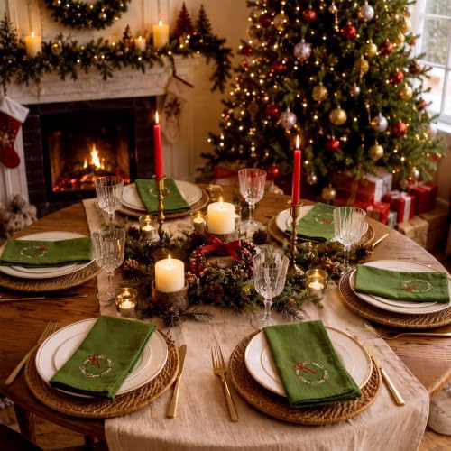 SmoothNovelty 6 Pcs Christmas Wreath Cloth Napkins Xmas Embroidery Linen - Image 5
