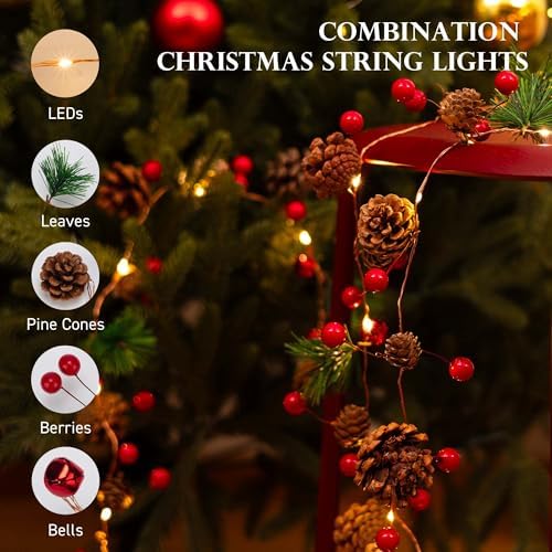 Christmas Garland with Lights, 6.7Ft 20 LEDs Pine Cone Battery Operated Garland with Lights, Christmas Fairy Lights with 8 Modes, Red Berry Xmas Garland Indoor Outdoor for Tree Decor(2pack) - Image 2
